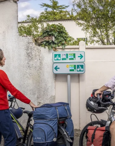 Cyclistes devant panneaux La Loire à Vélo